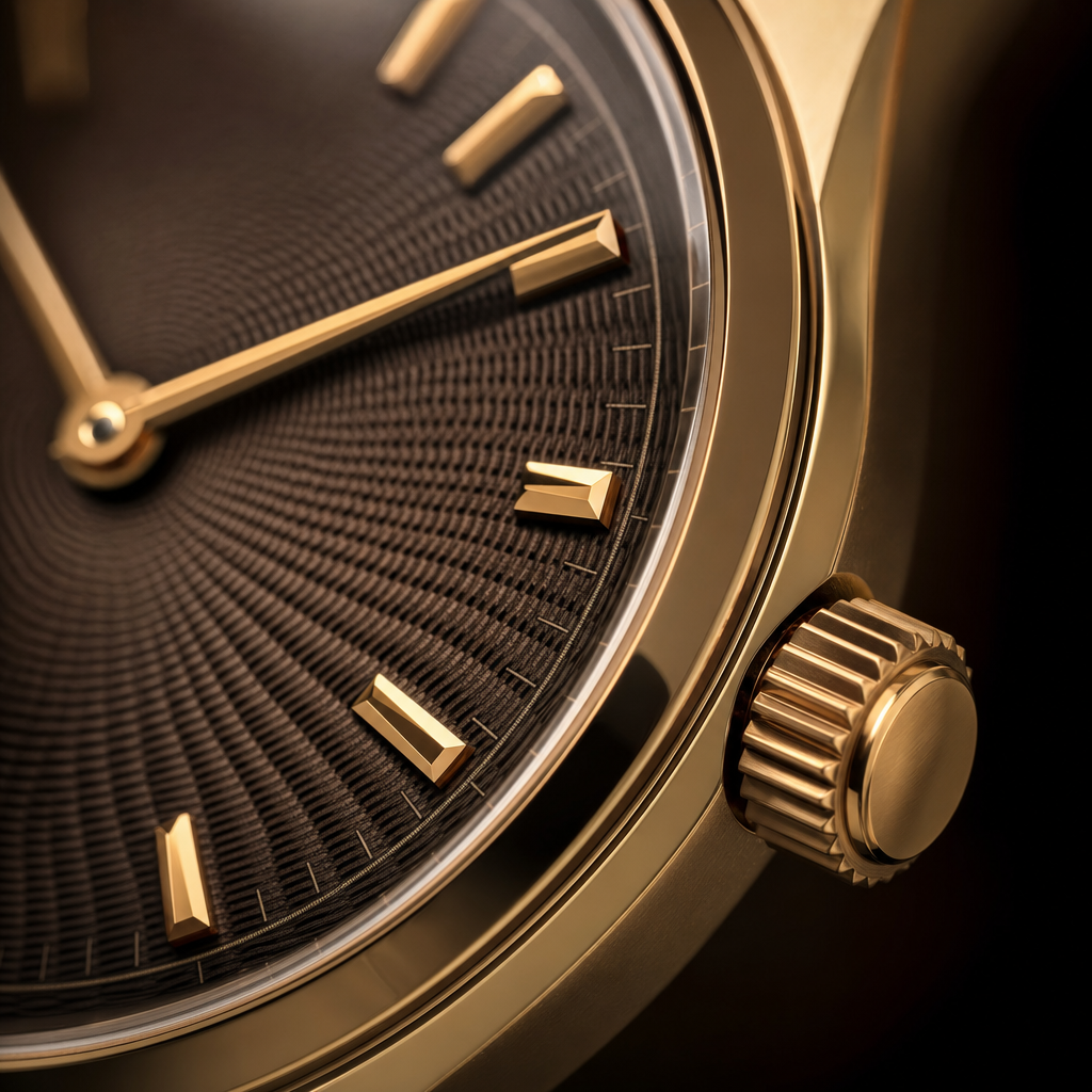 Macro detail of a watch dial and crown